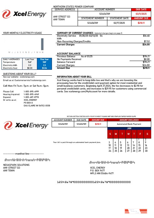 USA Xcel Energy business utility bill Word and PDF template PSD template
